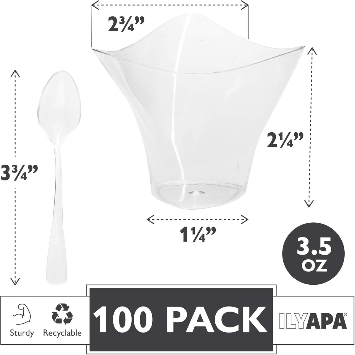 Ilyapa 3.5oz Plastic Dessert Cups - 100 Pack Mini Dessert Cups with Spoons - Clear Reusable Small