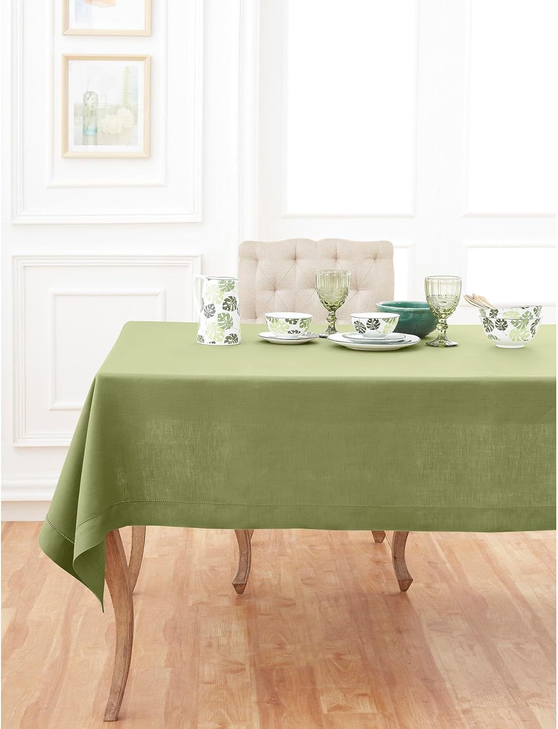 Solino Home Linen Tablecloth 60 x 144 Inch - Classic Hemstitch 100% Pure Linen Moss Green Table