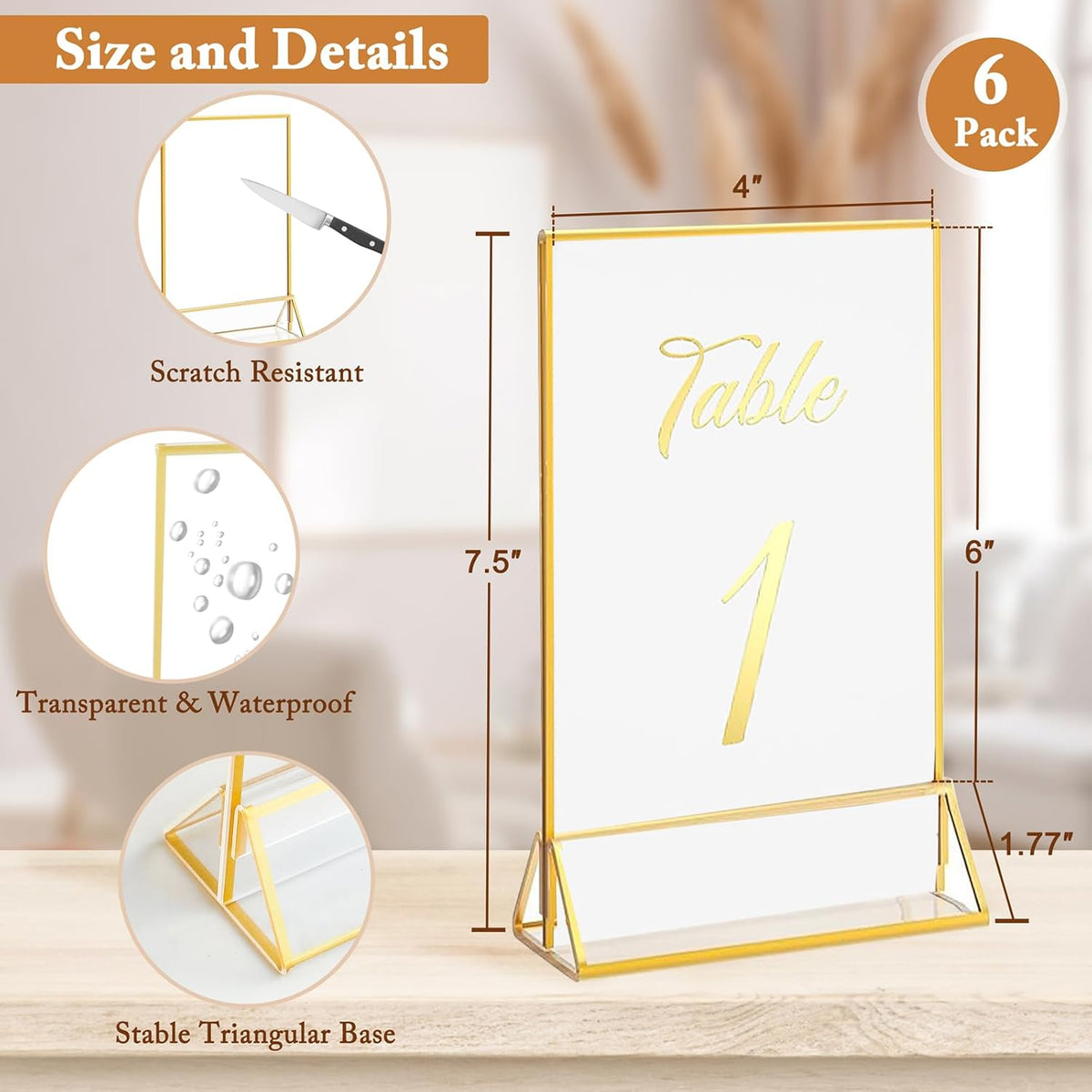 Floroom 6 Pack 4x6 Inch Clear Acrylic Sign Holders, Double-Sided Gold Display Stand Picture Frames