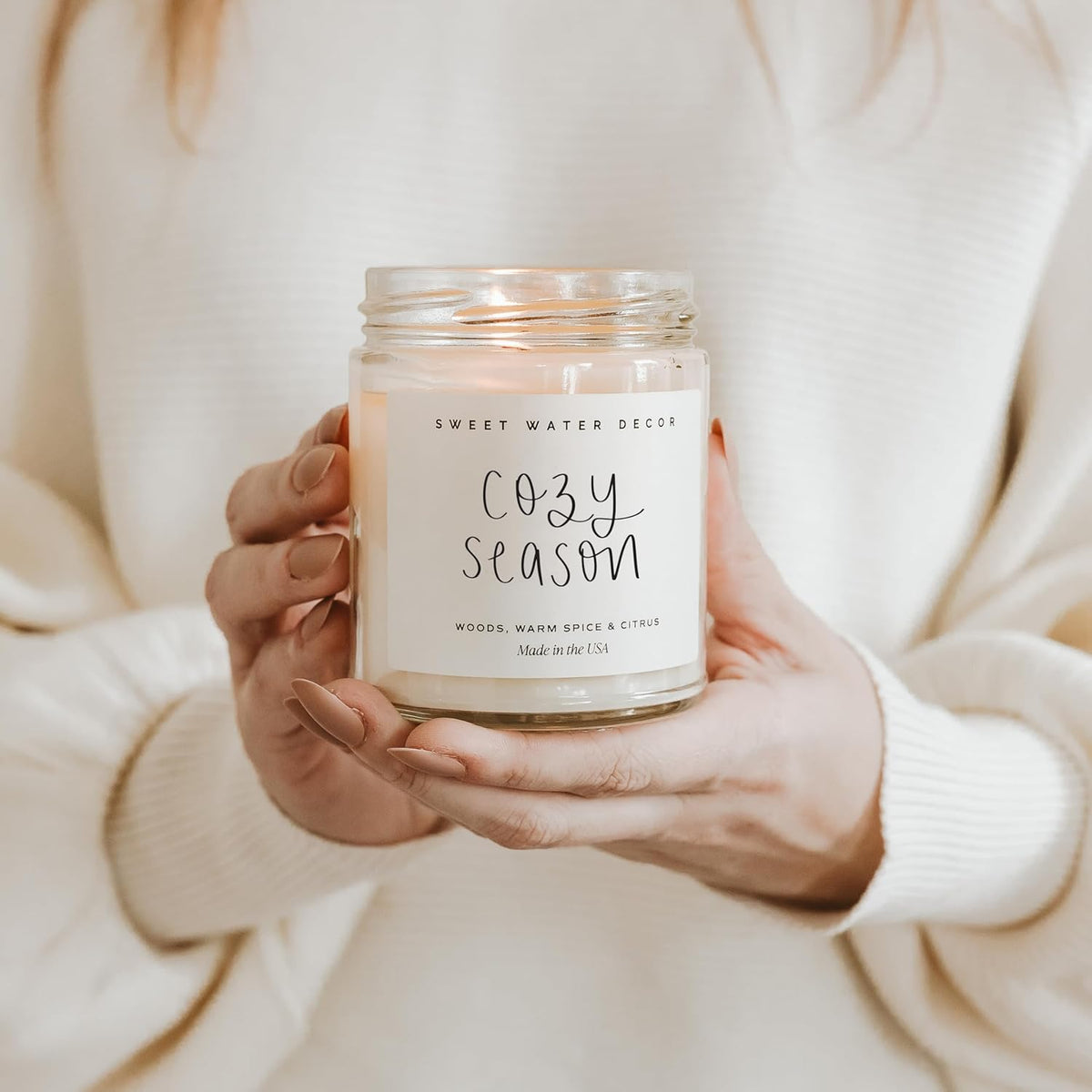 Sweet Water Decor Cozy Season Candle - Woods, Warm Spice, and Citrus Autumn Scented Soy Candles for