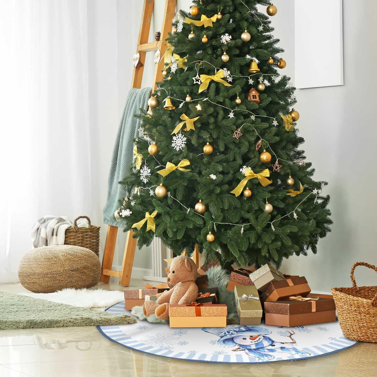 Let It Snow Snowman Christmas Tree Skirt 48 Inches, Blue Snowflake Tree Skirt, Winter Xmas Tree Mat