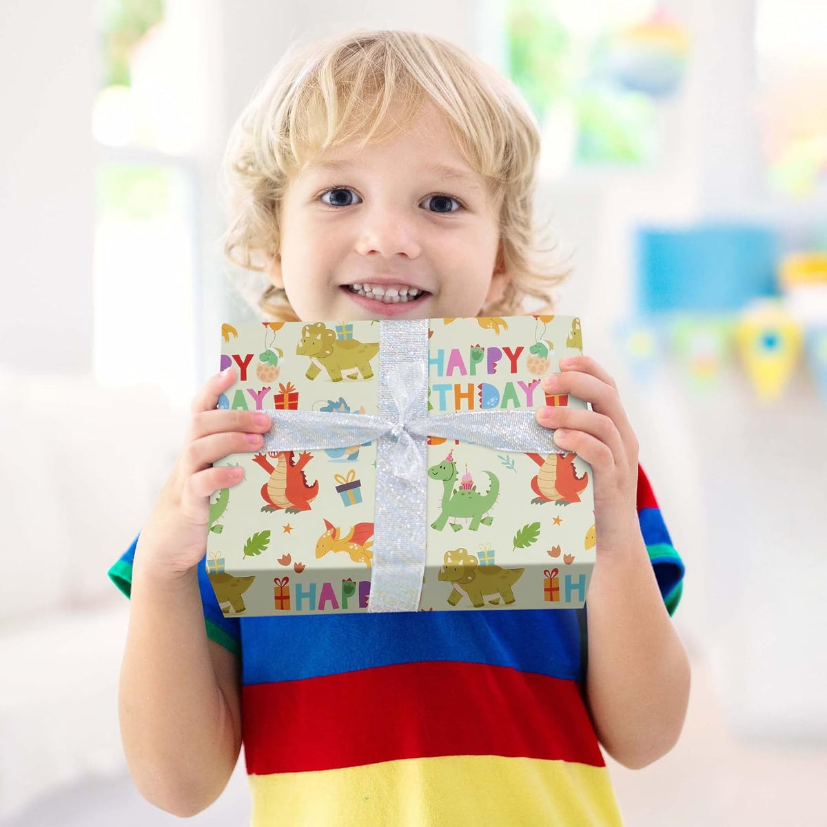 Aimyoo Dinosaur Birthday Wrapping Paper Roll - 17 Inch X 32.8 Feet - Green Happy Birthday Dino