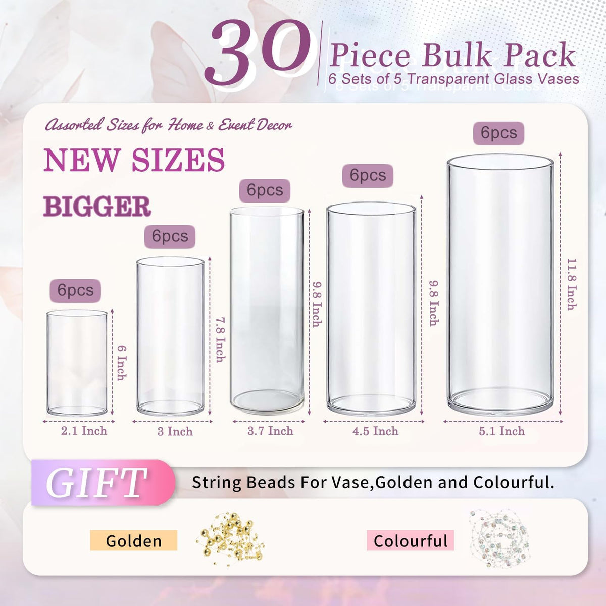 30pcs 11.8Inch Large Size Glass Vase Cylinder for Centerpieces Small Flower Glass Clear Home Decor