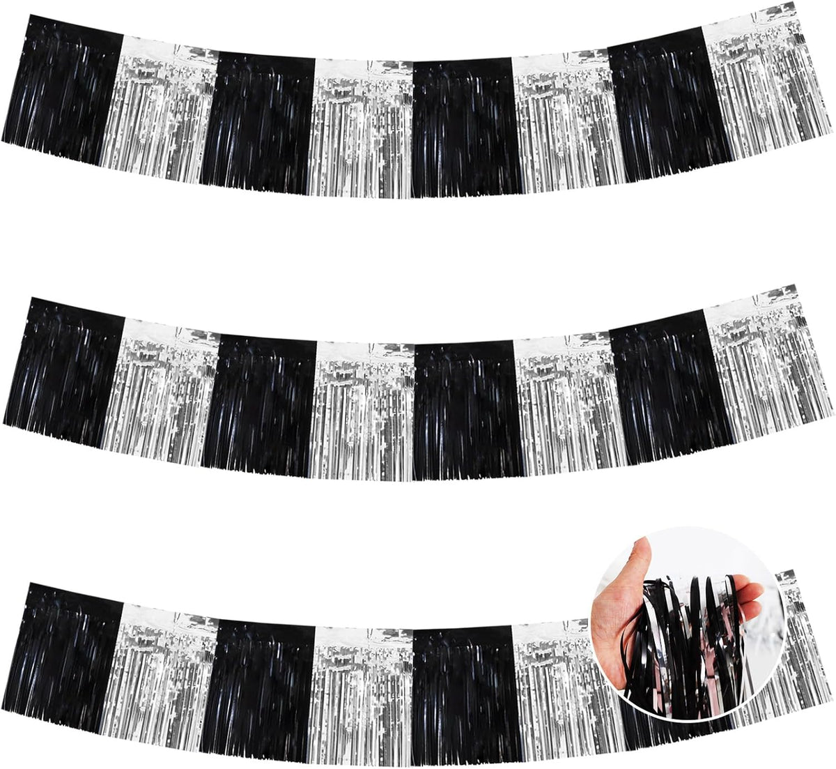 BEISHIDA 3 Packs Metallic Foil Fringe Garland Black Silver Wall Hanging Tinsel Fringe Banners for