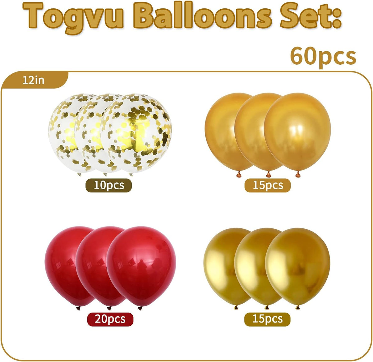 60 Pieces Balloons Red and Gold, 12 Inch Ruby Red Metallic Chrome Gold Pearl Gold Confetti Latex