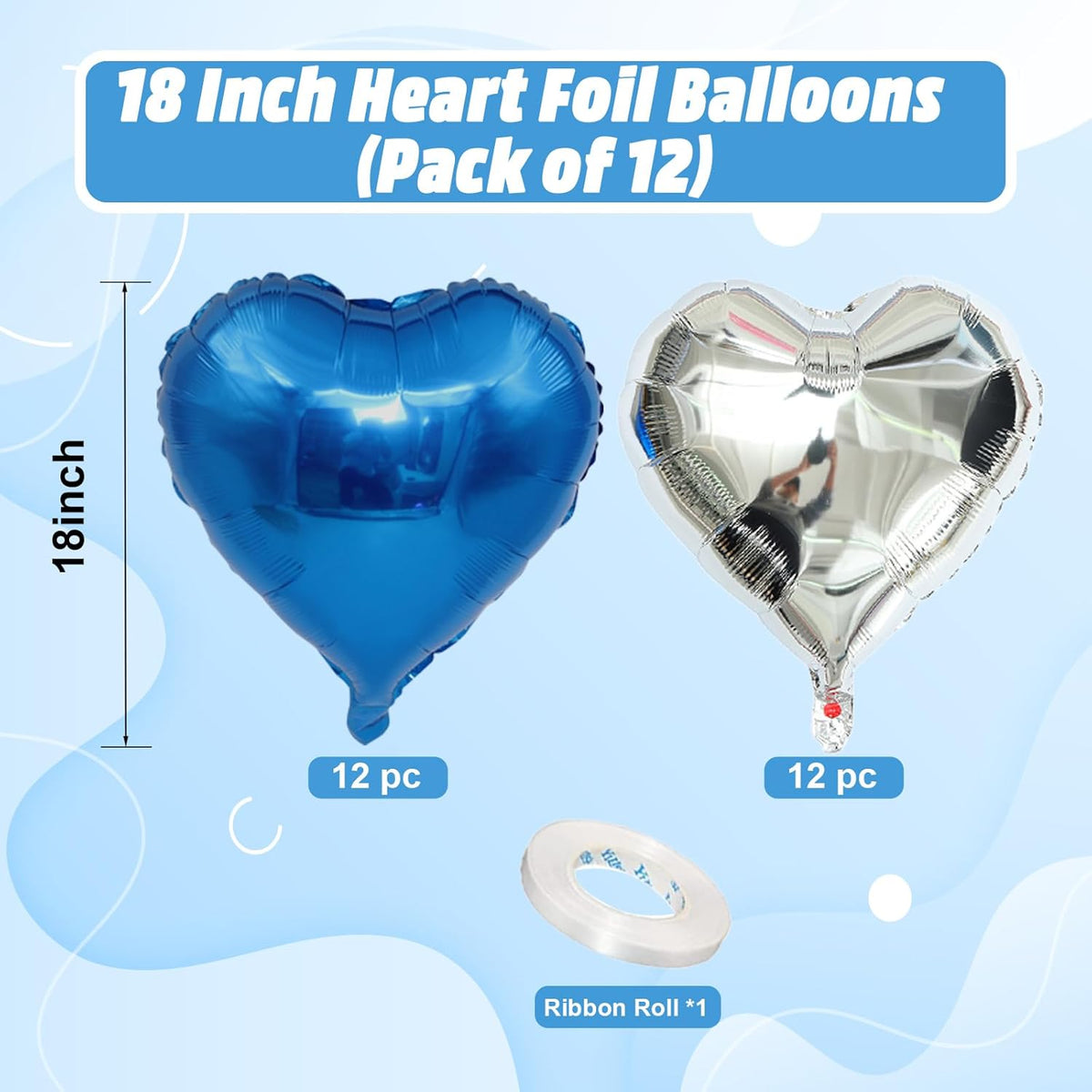 Blue Silver Heart Balloons, 18 Inch Royal Blue and Silver Heart Shape Balloons, 12PCS Helium Love