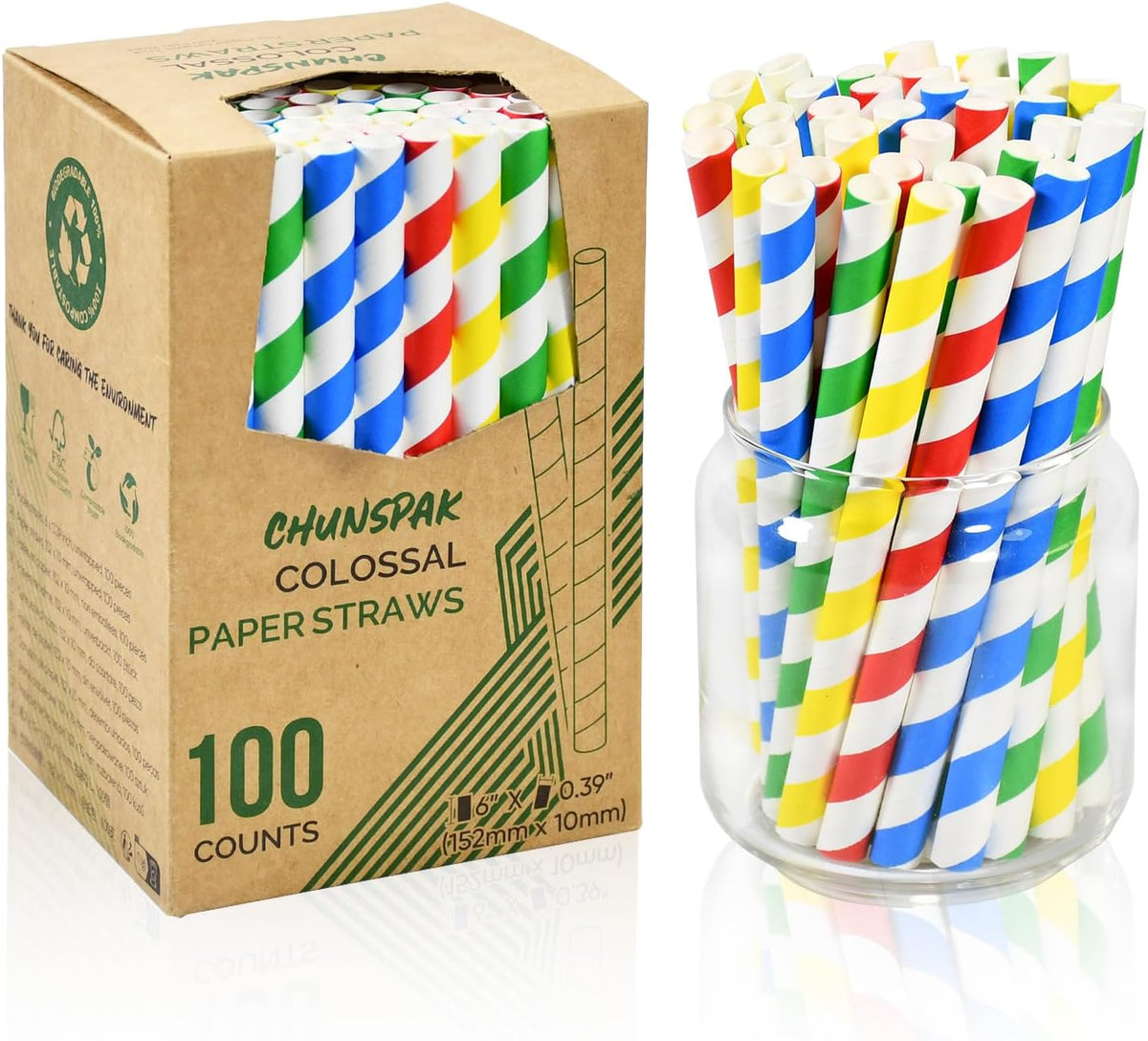 [10mm Wide] Chunspak 6" Short Fat Colorful Striped Paper Drinking Straws Disposable 100 Counts for