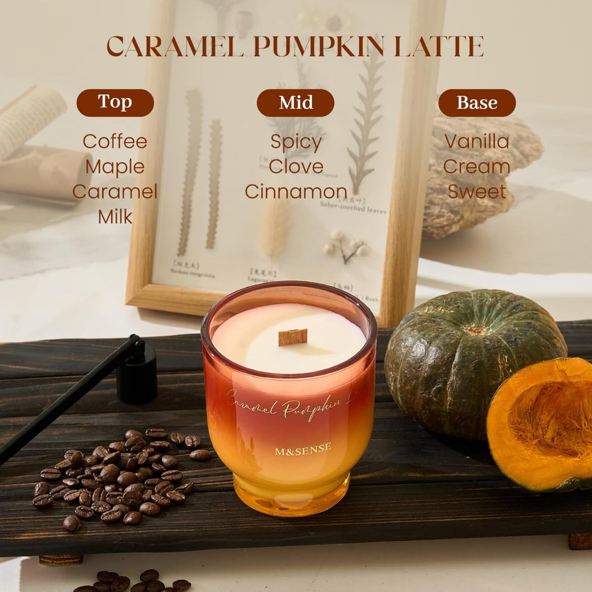 M&SENSE 9.88oz Natural Soy Wax Jar Candle with Wooden Wick | Caramel Pumpkin Latte Scent | 55-Hour