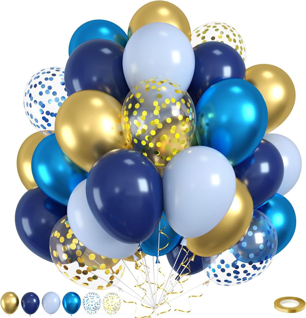 Blue and Gold Balloons, 50pcs Metallic Blue Gold Balloons, Navy Macaron Balloon Confetti Balloon