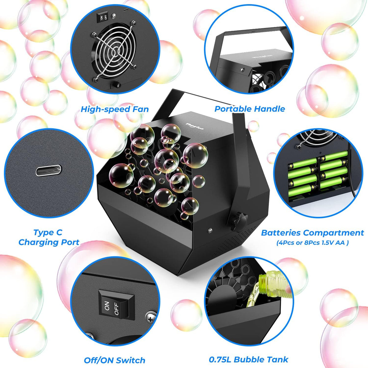 Theefun Bubble Machine: Remote Control 750ML Metal Bubble Blower Wireless USB Plug-in or 4