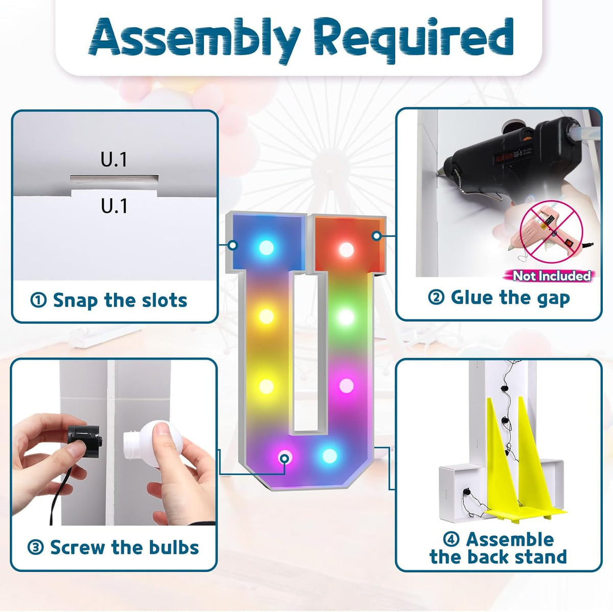 imprsv 3FT Colorful Marquee Light Up Letters U, 18 Colors Light Up Sign Alphabet Sign with Remote