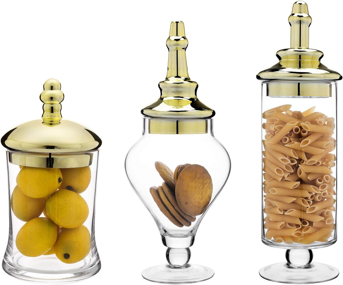 MyGift 3 Piece Set Antique Clear Glass Bathroom Apothecary Jars with Lid, Wedding Centerpiece