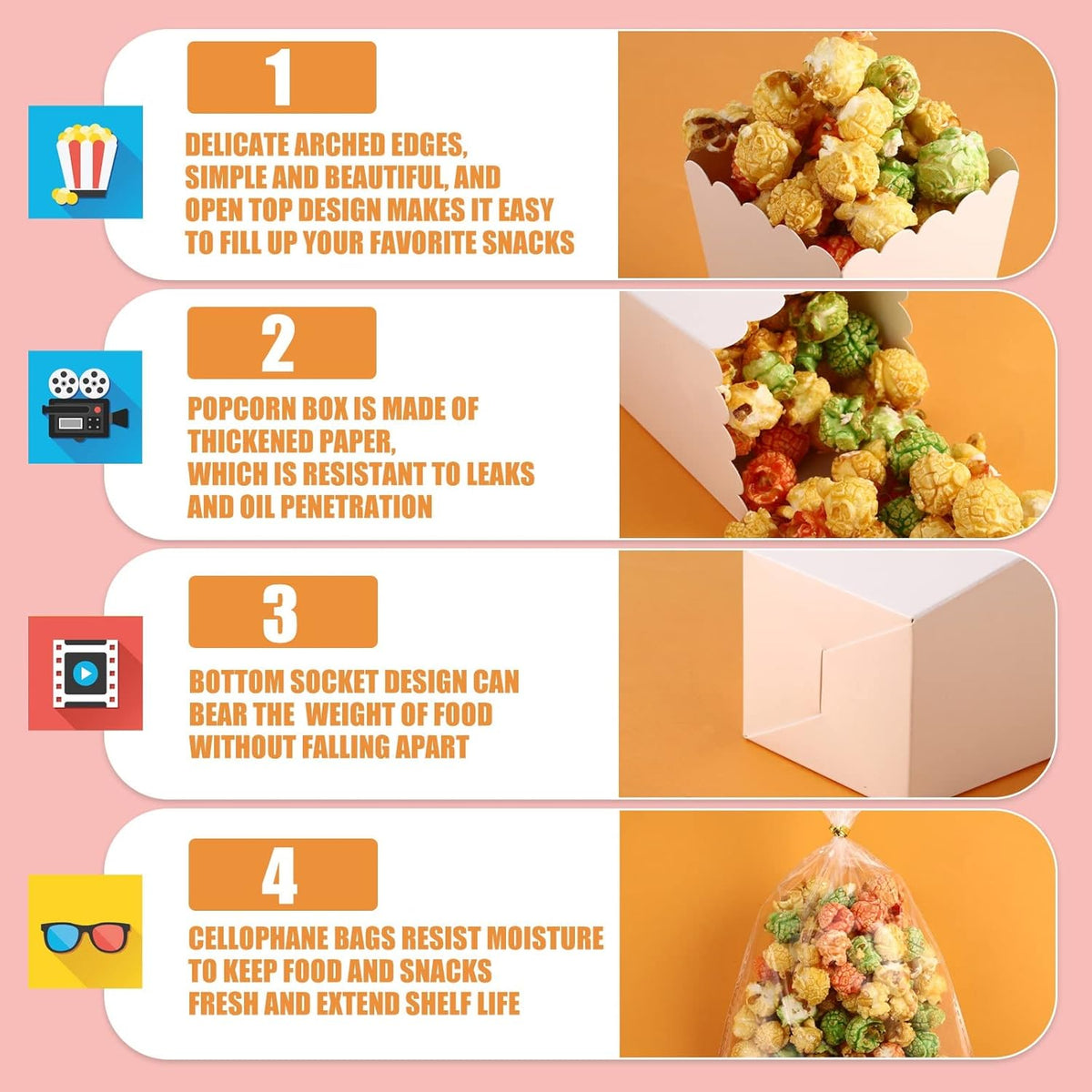 Zopeal 200 Pcs Mini Popcorn Boxes and Clear Treat Bag Set, Bulk Popcorn Bags Open Top Paper Popcorn