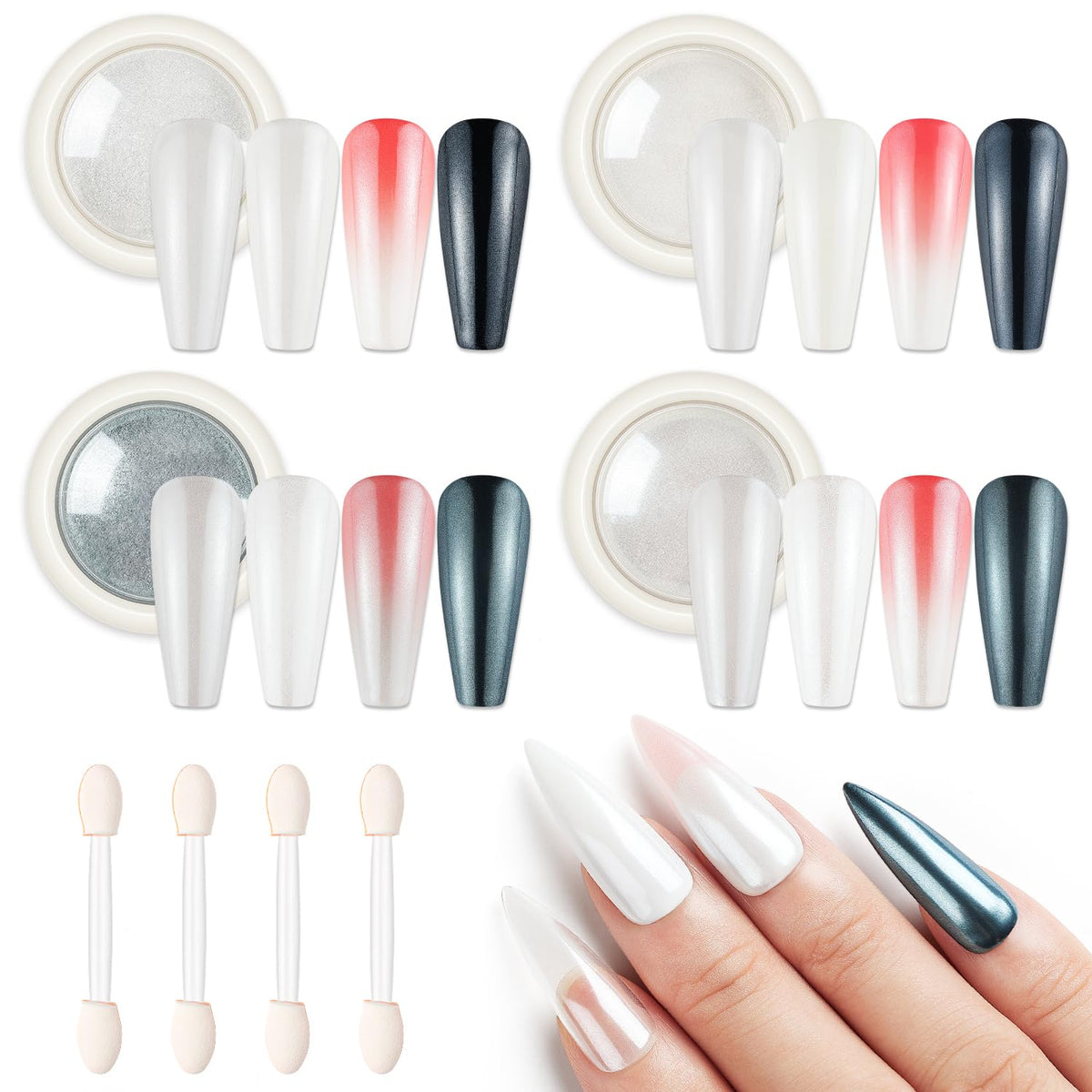 AIMEILI Pearl Chrome Nail Powder, Vegan, Cruelty Free, 4 Colors Aurora Metallic Holographic Mirror
