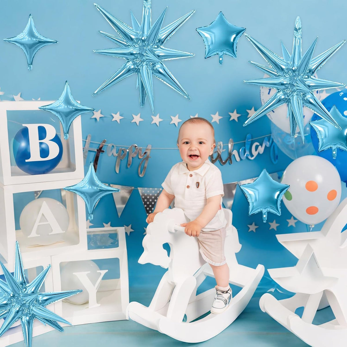 Blue Star Balloon,16Pcs Light Blue Star Foil Balloons Set with 22Inch Explosion Spike Cone Balloons