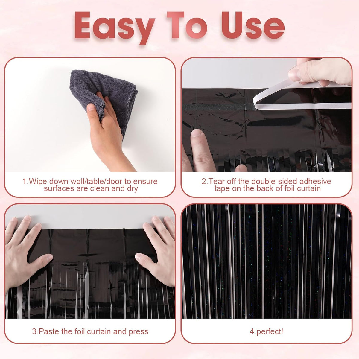 2 Pack Laser Black Foil Fringe Backdrop Curtains, Tinsel Streamers Birthday Party Decorations