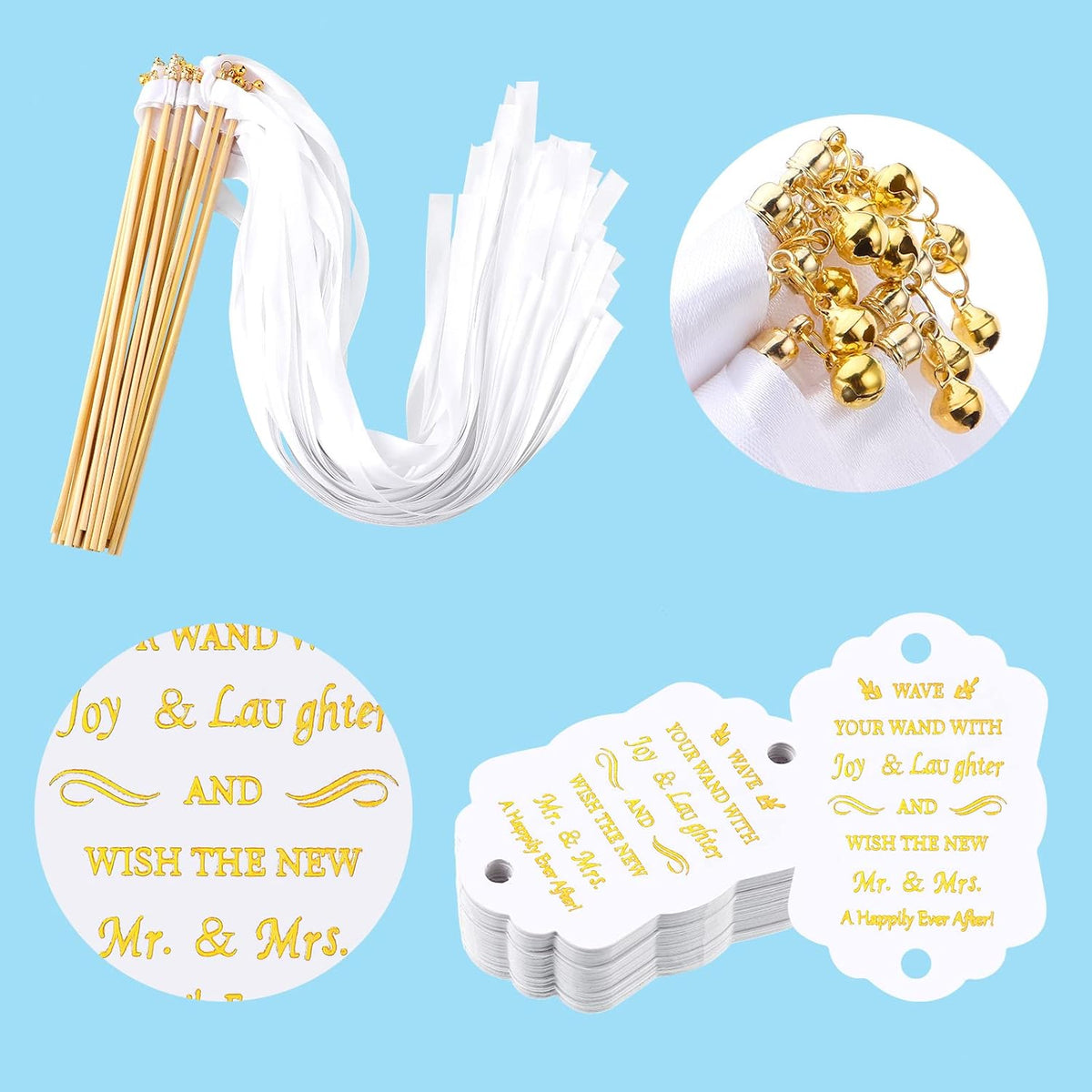 Junkin 100 Pcs Wedding Wands Streamers with Bells Set, 50 White Wedding Send Off Ribbon Streamers