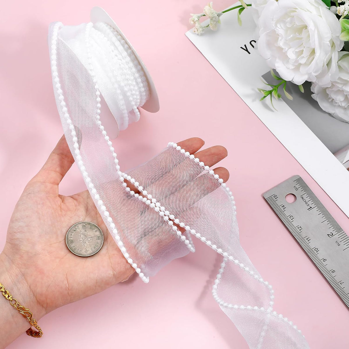 1.5 Inch Faux Pearl Ribbon, Smooth White Ribbon with Pearl Edges Wire, 4.5m Sheer Mesh Ribbons for