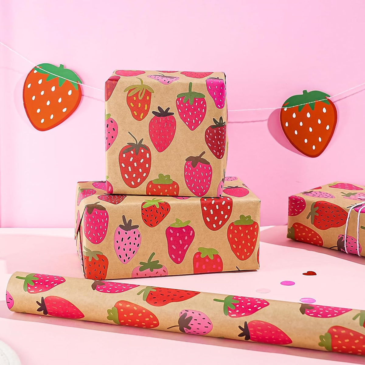 WRAPAHOLIC Kraft Strawberry Wrapping Paper Roll - Mini Roll - 17 Inch x 16.5 Feet - Sweet