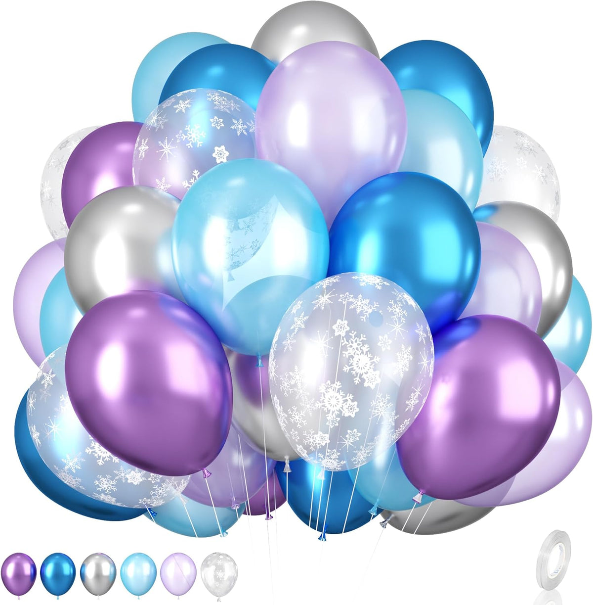 Frozen Balloons, 12 Inch Purple Blue White and Silver Balloons with Snowflake Balloons for Girls