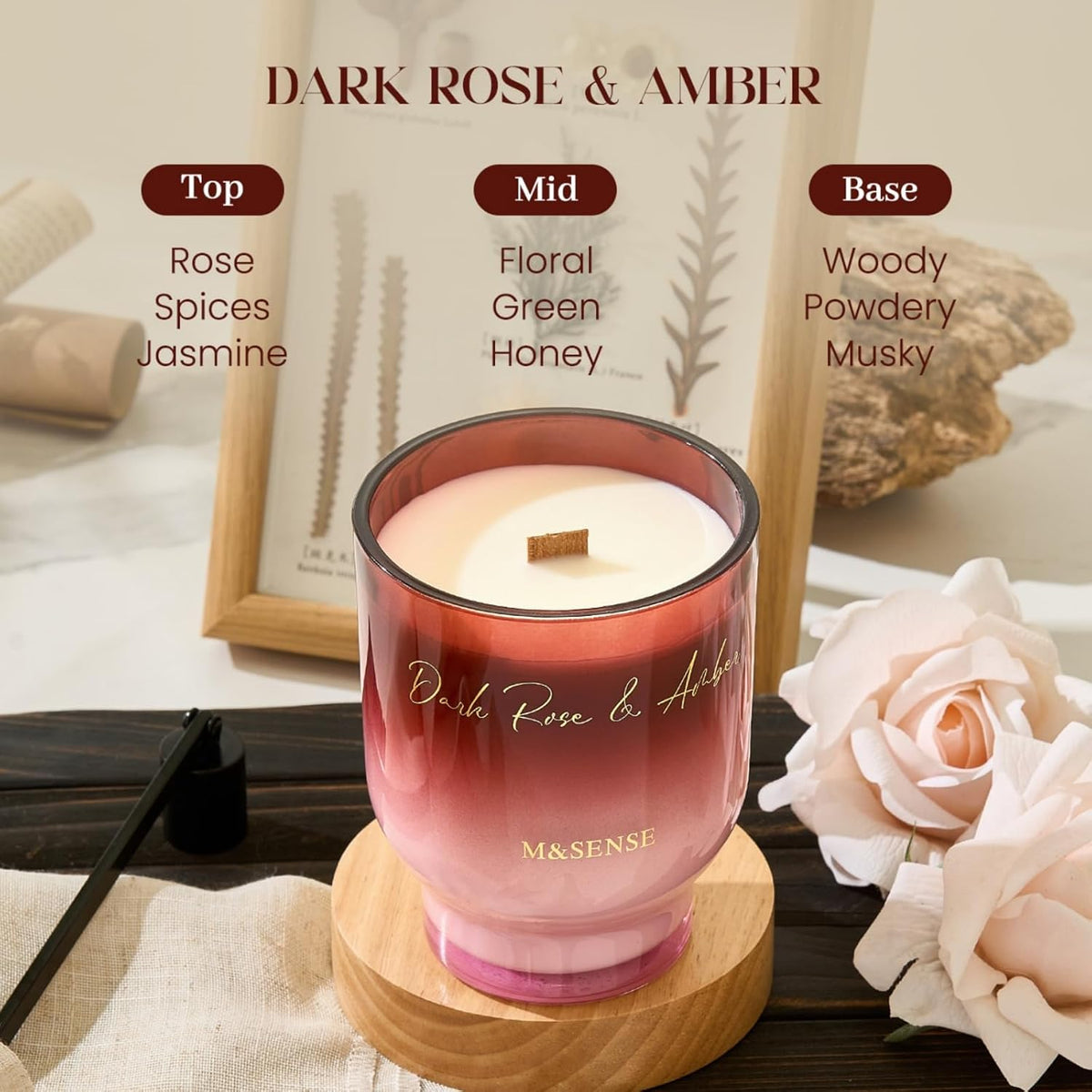 M&SENSE 16.6oz Natural Soy Large Jar Candle with Wooden Wick | Dark Rose Amber Scent | 95-Hour Burn