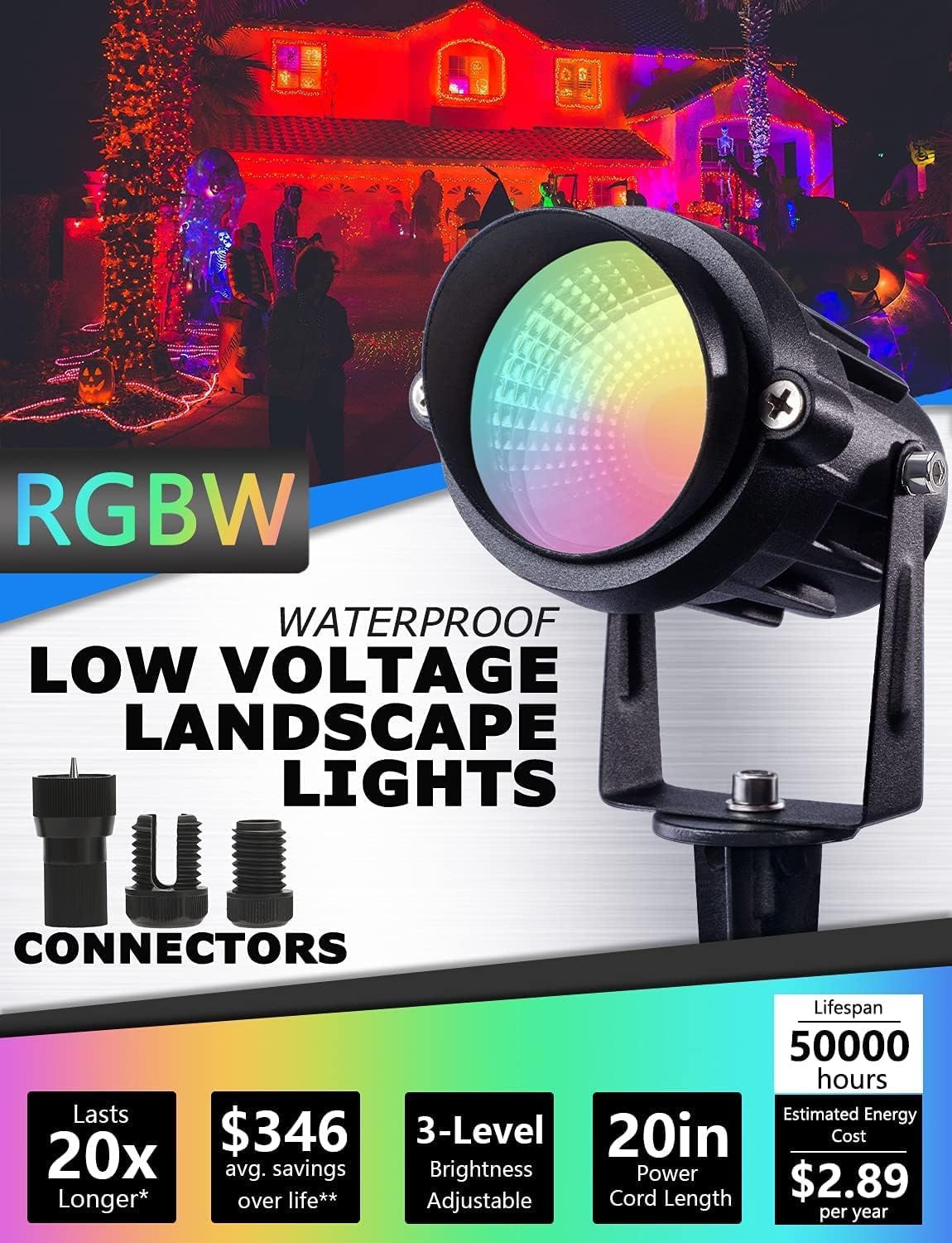 SUNVIE 24 Pack Halloween RGBW Low Voltage Landscape Lights 12W LED Color Changing Landscape
