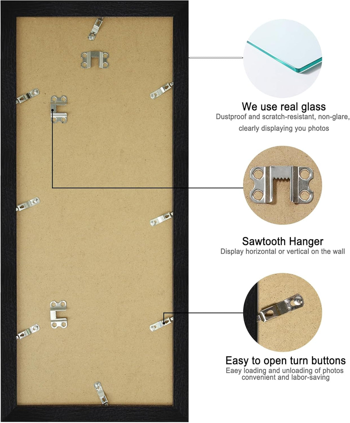 8x20 Picture Frame Set of 2, Rustic Black Wood Frame with Tempered Glass Collage Frame, Display