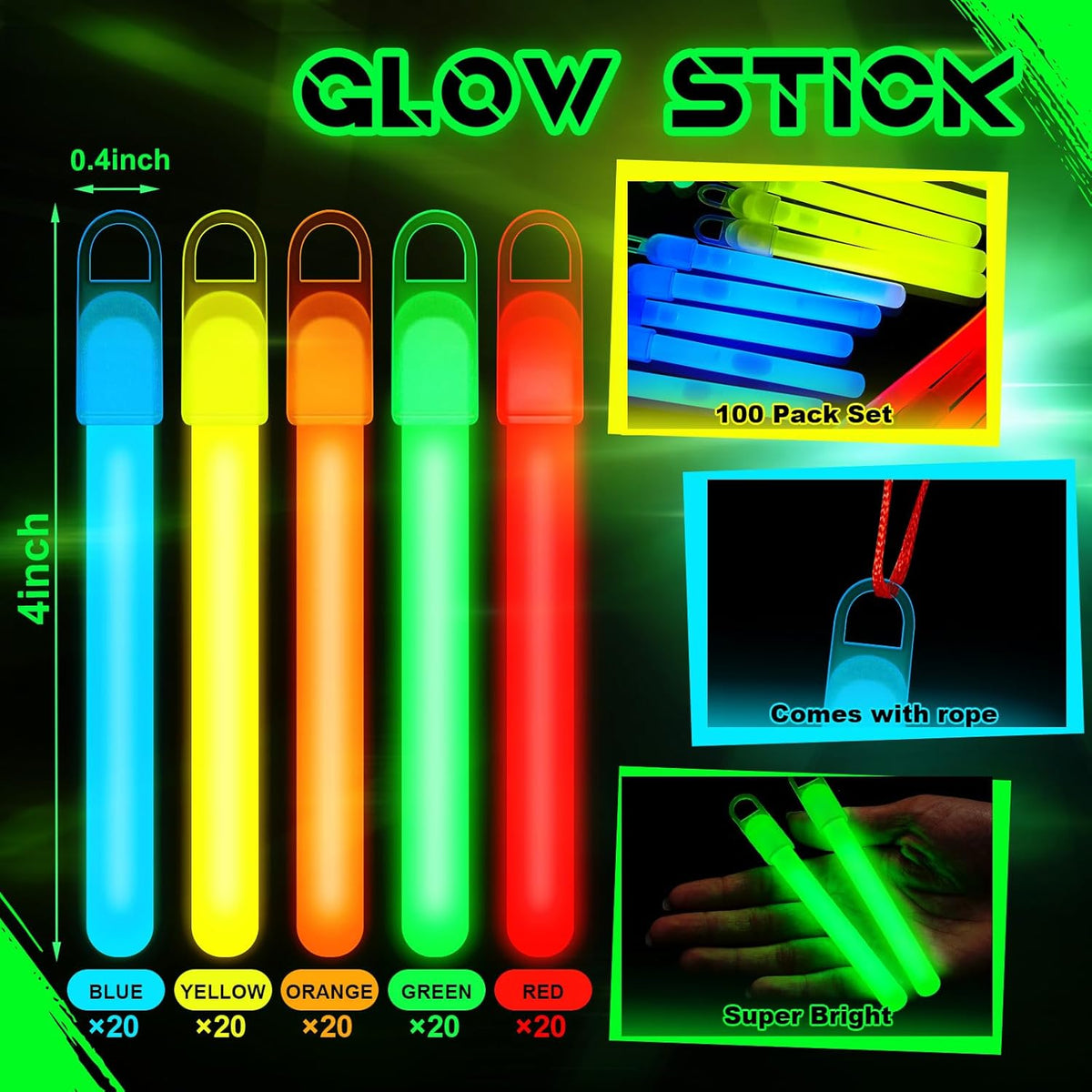 Lewtemi 4" or 6" 100 Pack Bright Glow Sticks Bulk, Glow in The Dark Party Supplies Birthday and