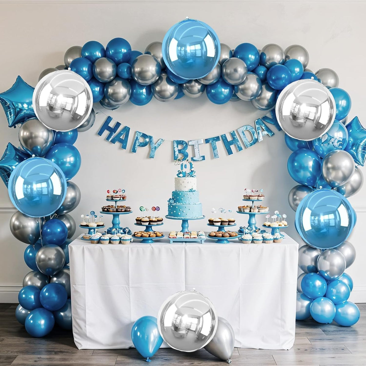 6Pcs Blue Silver Round Foil Balloons, 22inch 4D Metallic Silver Blue Balloons, Large Round Foil