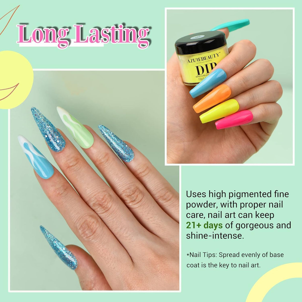 AZUREBEAUTY Dip Nails Powder Starter Kit, Summer Bright Pink Green Series Friendly Acrylic Dip