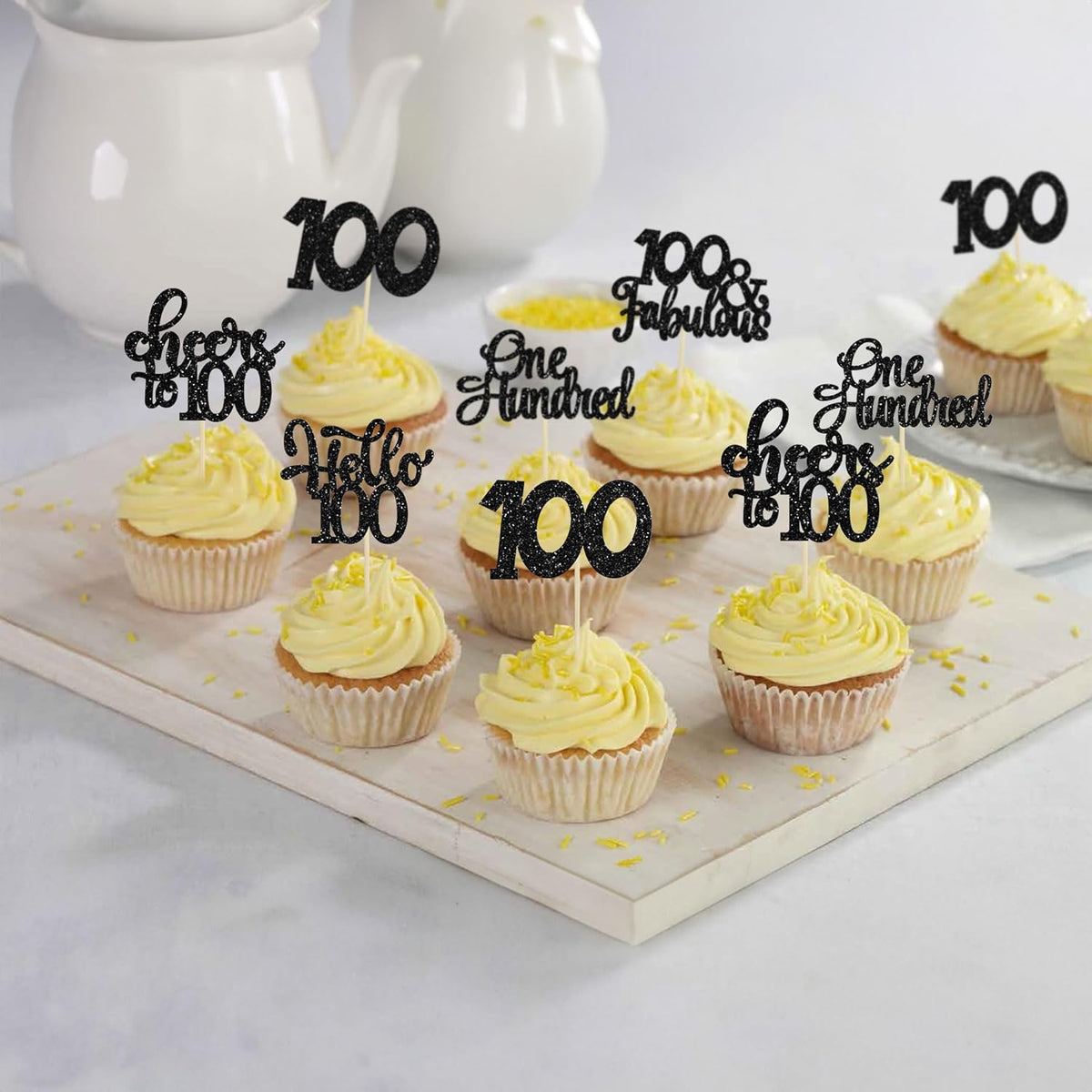 30pcs Happy 100th Birthday Cupcake Toppers - Black Glitter One Hundred Cheers to 100 Years Old