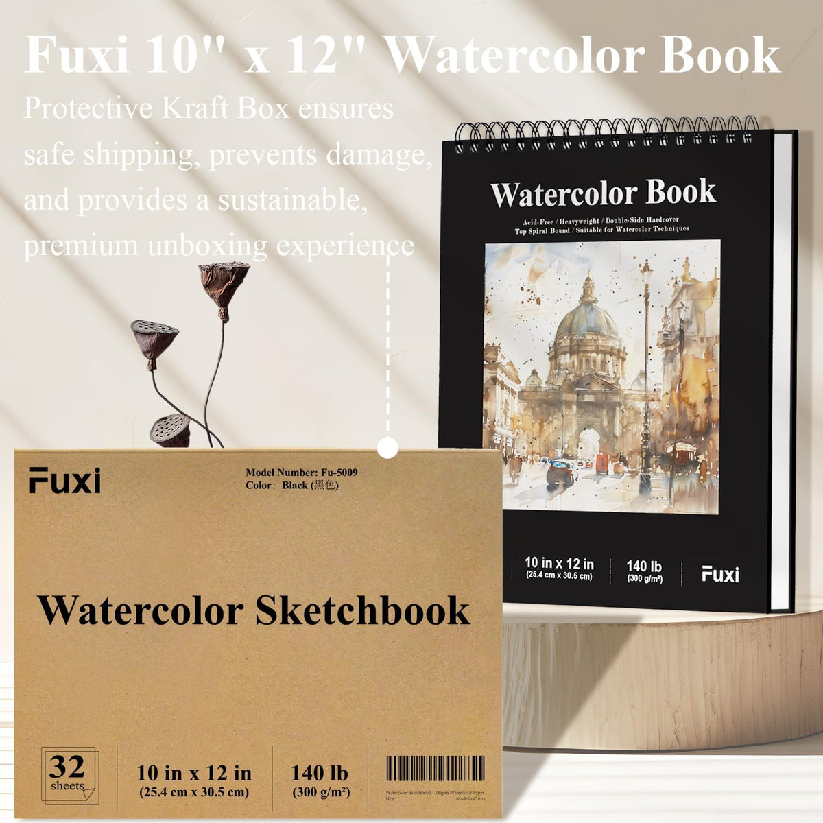 Watercolor Sketchbook 10"x12", 32 Sheets (64 Pages) Water Color Paper, 140lb/300gsm Watercolor