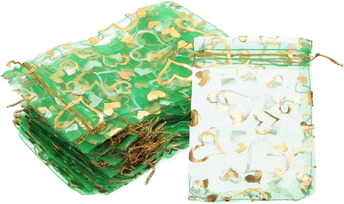 PATIKIL 50 Pcs 4x6 Inch Heart Printed Organza Bags, Green Sheer Heart Organza Bags with Drawstring