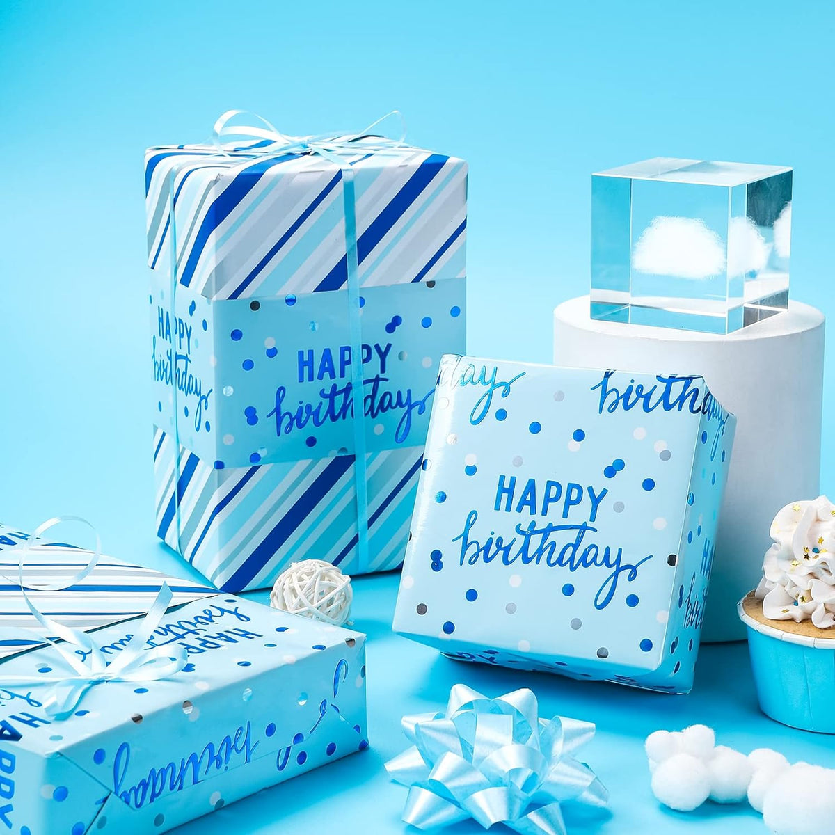 LeZakaa Reversible Blue Birthday Wrapping Paper Roll for Boys Men, Happy Birthday Lettering &