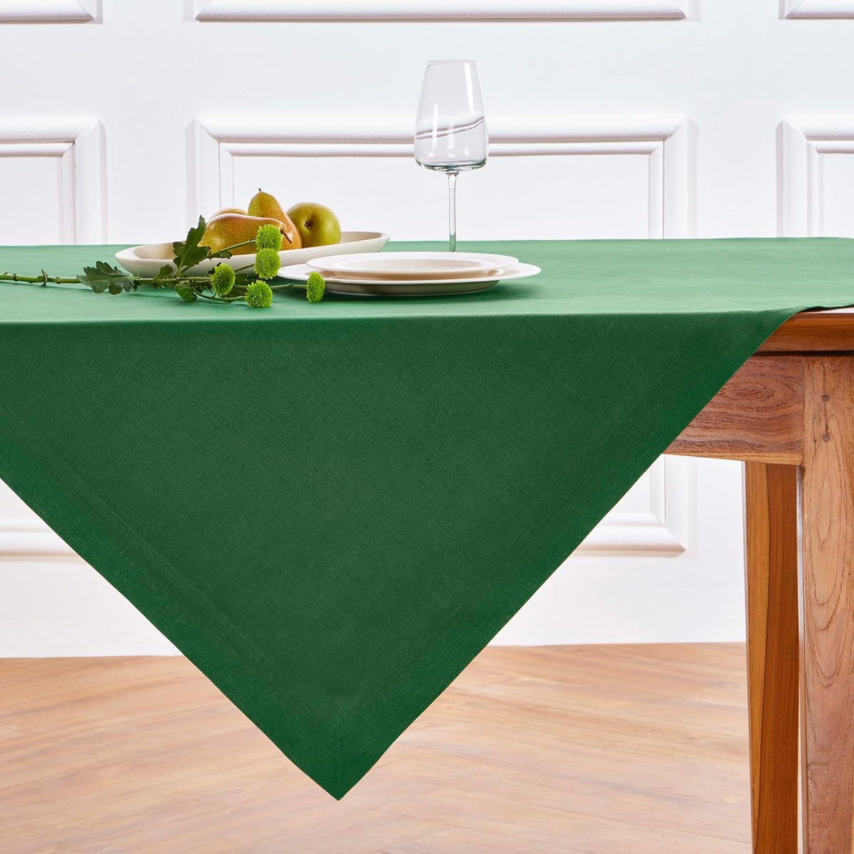 Solino Home Linen Square Tablecloth 52 x 52 Inch - 100% Pure Linen Pine Green Table Throw - Fete