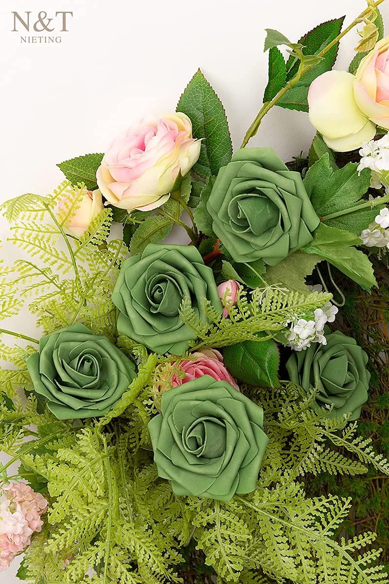 N&T NIETING Roses Artificial Flowers, 25pcs Artificial Flowers Foam Flowers with Stems for DIY Cake