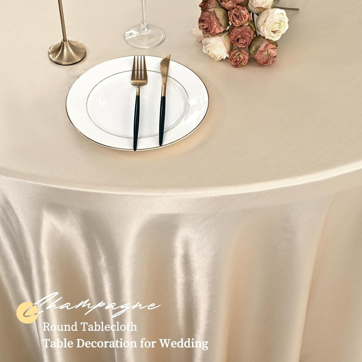 12 Pack 120 Inch Champagne Satin Tablecloth - Premium Bright Silky Round Tablecloth Overlay Smooth