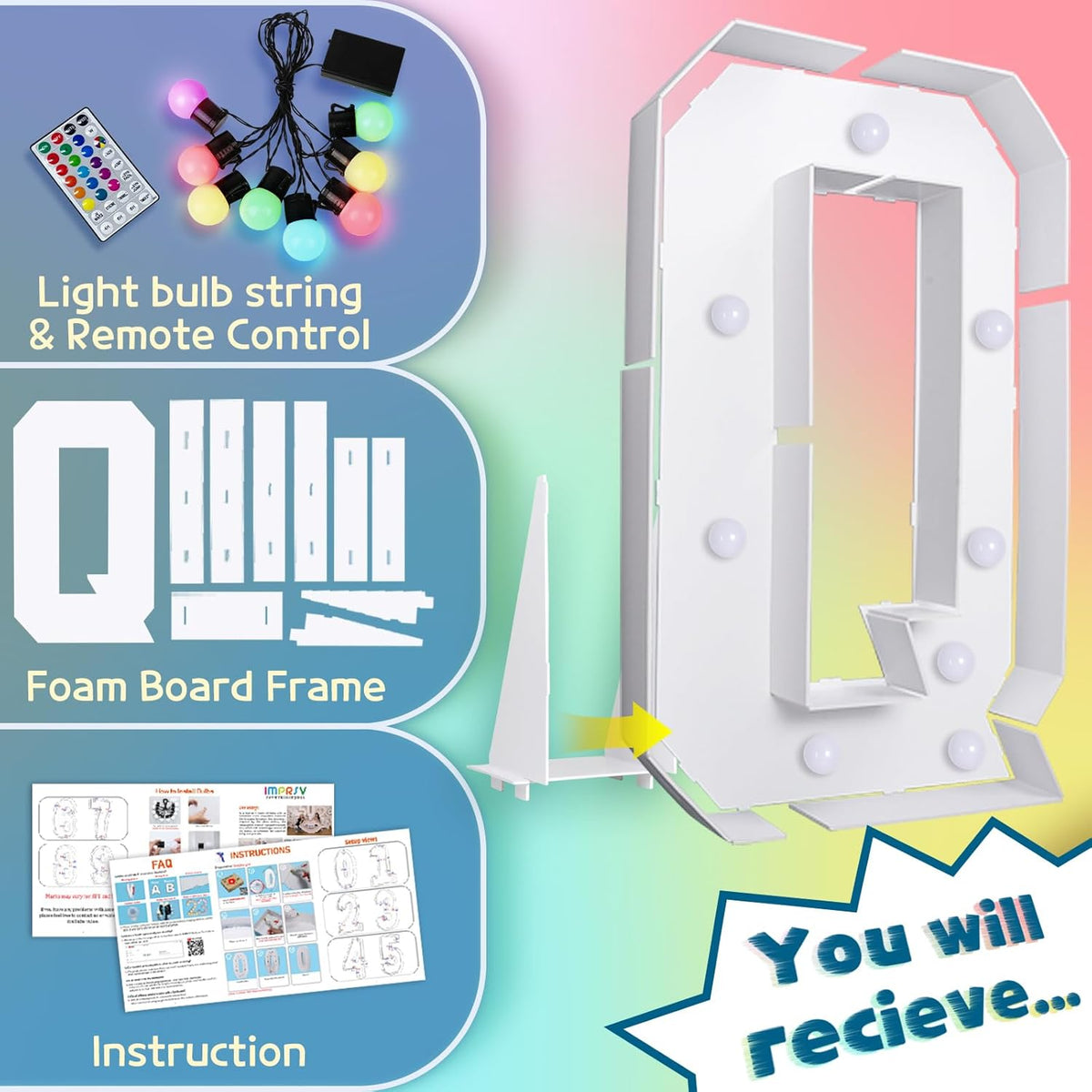 imprsv 3FT Colorful Marquee Light Up Letters Q, 18 Colors Light Up Sign Alphabet Sign with Remote