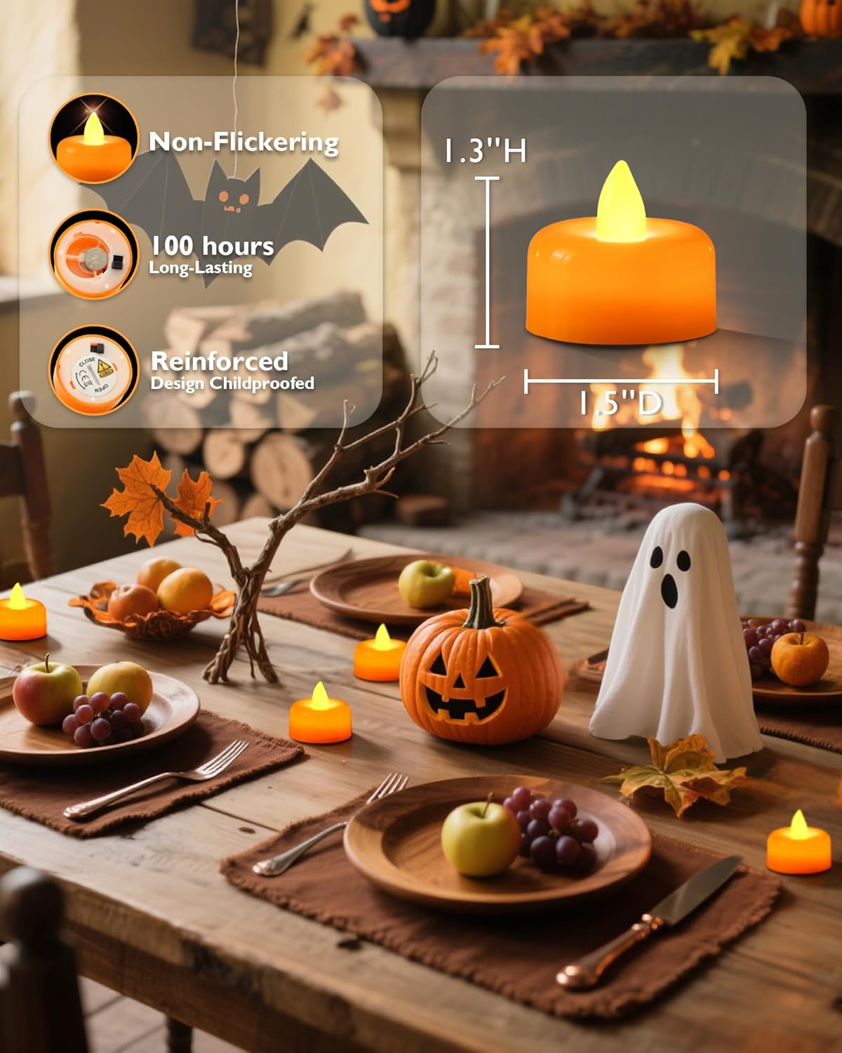 Amagic 24 Pack Halloween Orange Flameless LED Tea Lights Candles Battery Operated, Electric Fake