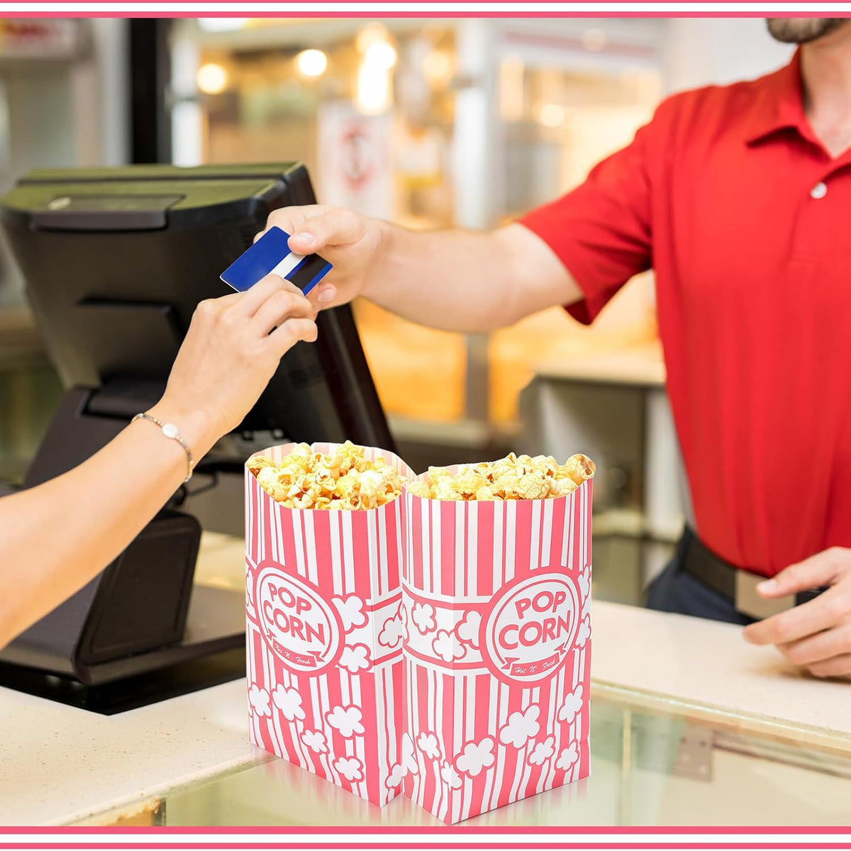 200 Pcs Paper Popcorn Bags Bulk 2 oz Large Flat Bottom Boxes Red and White Disposable Container