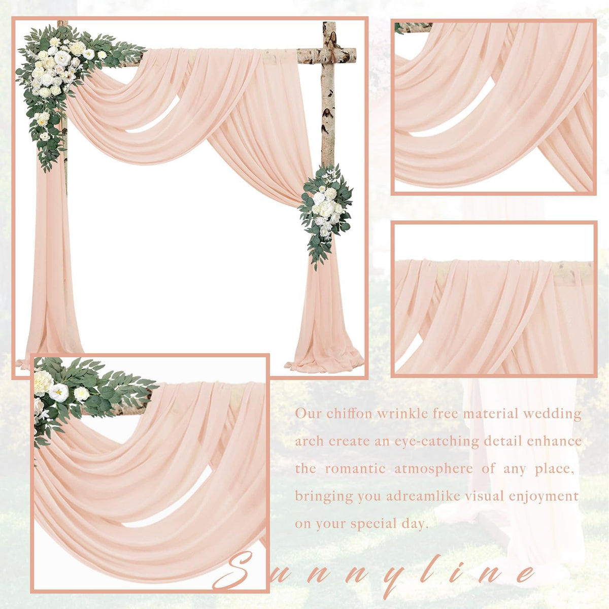 4 Panels 20Ft Length x 28" Width Light Peach Wedding Arch Draping Fabric Arch Drapes Chiffon Fabric
