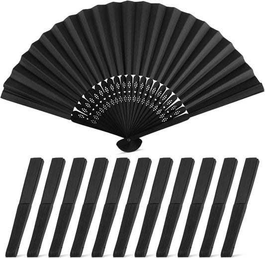 JOHOUSE 12 Packs 8.2 Inch Black Chinese Paper Foldable Hand Fan for Women - Wedding, Bridal Shower