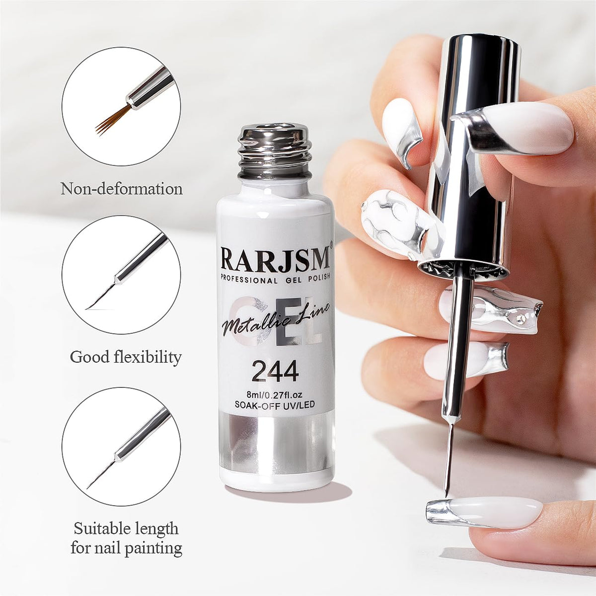 RARJSM Metallic Silver Gel Liner Nail Art 3D Mirror Chrome Effect Gel Nail Polish 8ml Build in Thin