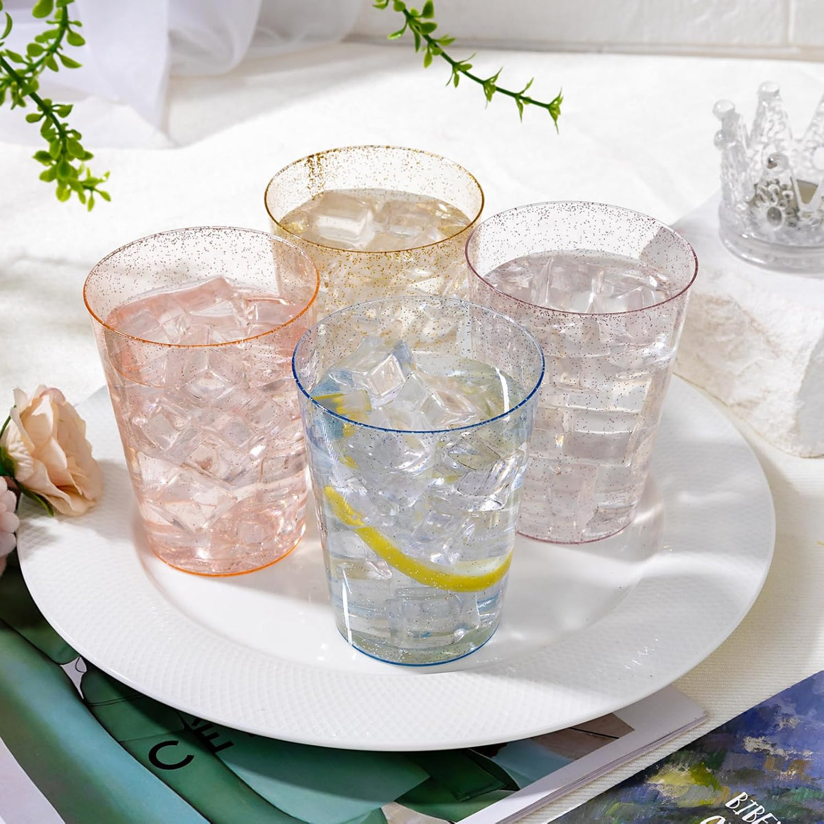 DaYammi 100 Pack 10 Oz Plastic Cups Glitter Disposable Cups in Assorted Colors,Plastic cup with 4