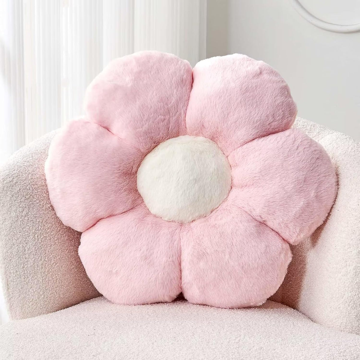 Pink Flower Pillow, Cute Decorative Flower Shaped Throw Pillow with Faux Rabbit Fur, 19.6" Soft