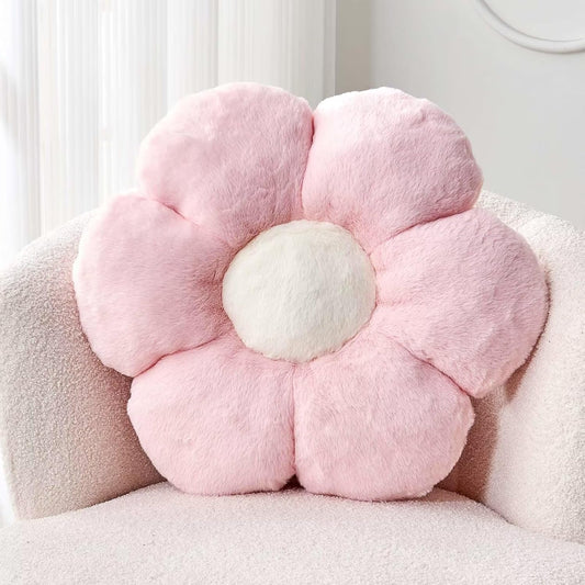 Pink Flower Pillow, Cute Decorative Flower Shaped Throw Pillow with Faux Rabbit Fur, 19.6" Soft