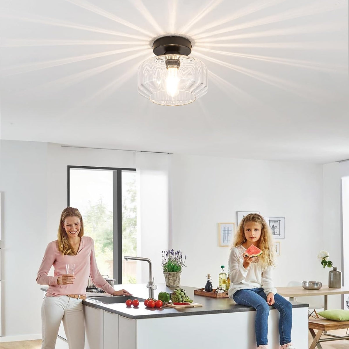 Semi Flush Mount Ceiling Light with Hexagonal Diamond Textured Glass, Matte Black Base & Includes