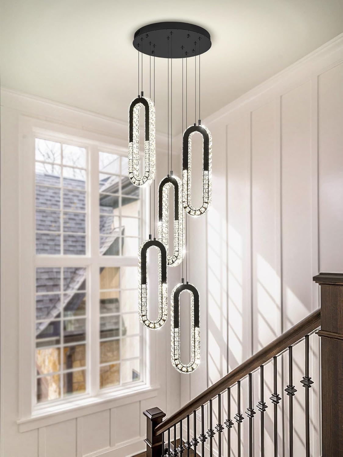 5 Rings Crystal Chandeliers for Staircase Large Pendants Light Fixture Black High Ceiling