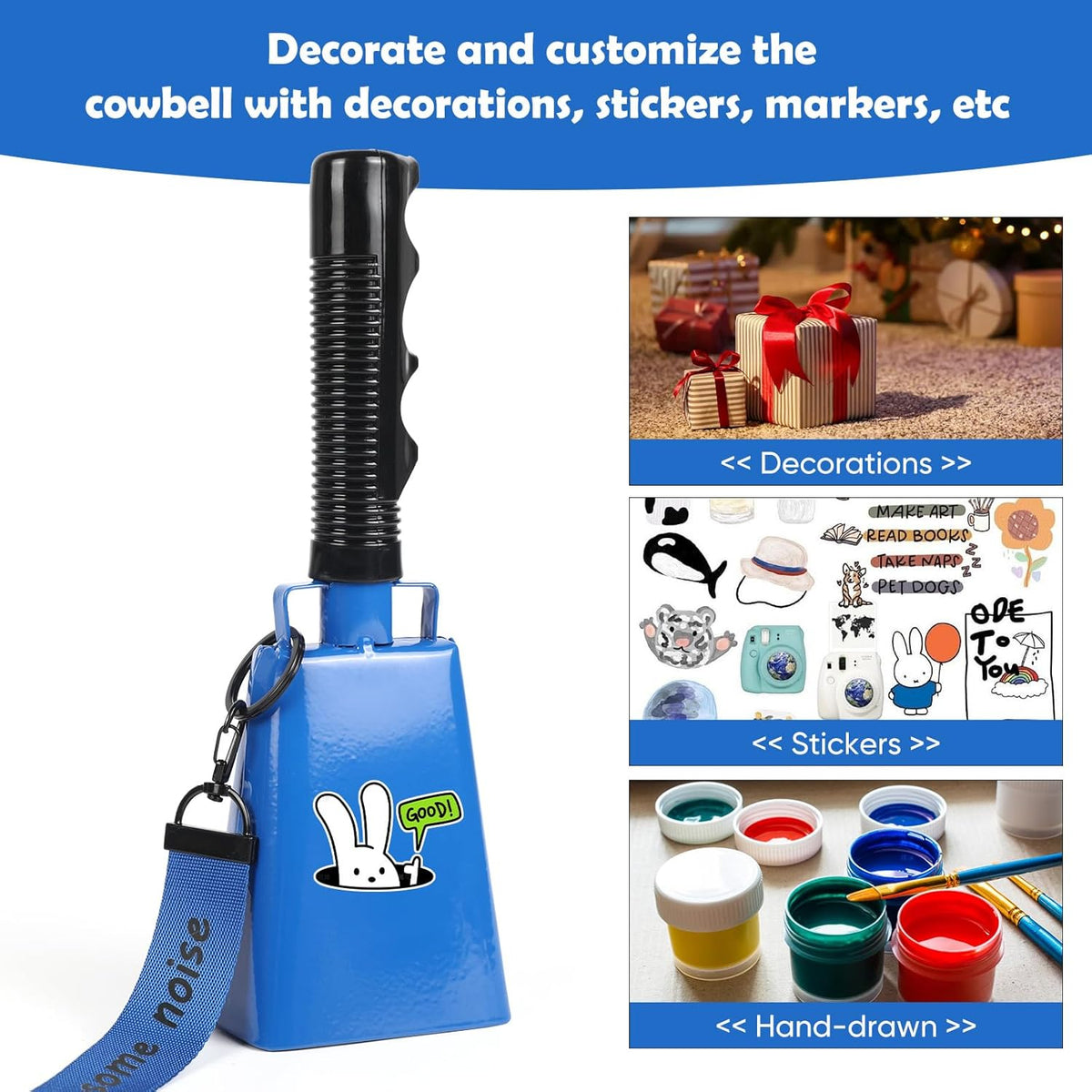 Cow Bells Noise Makers with Handle: Cowbells Hand Percussion for Sporting Events with Wrist Strap