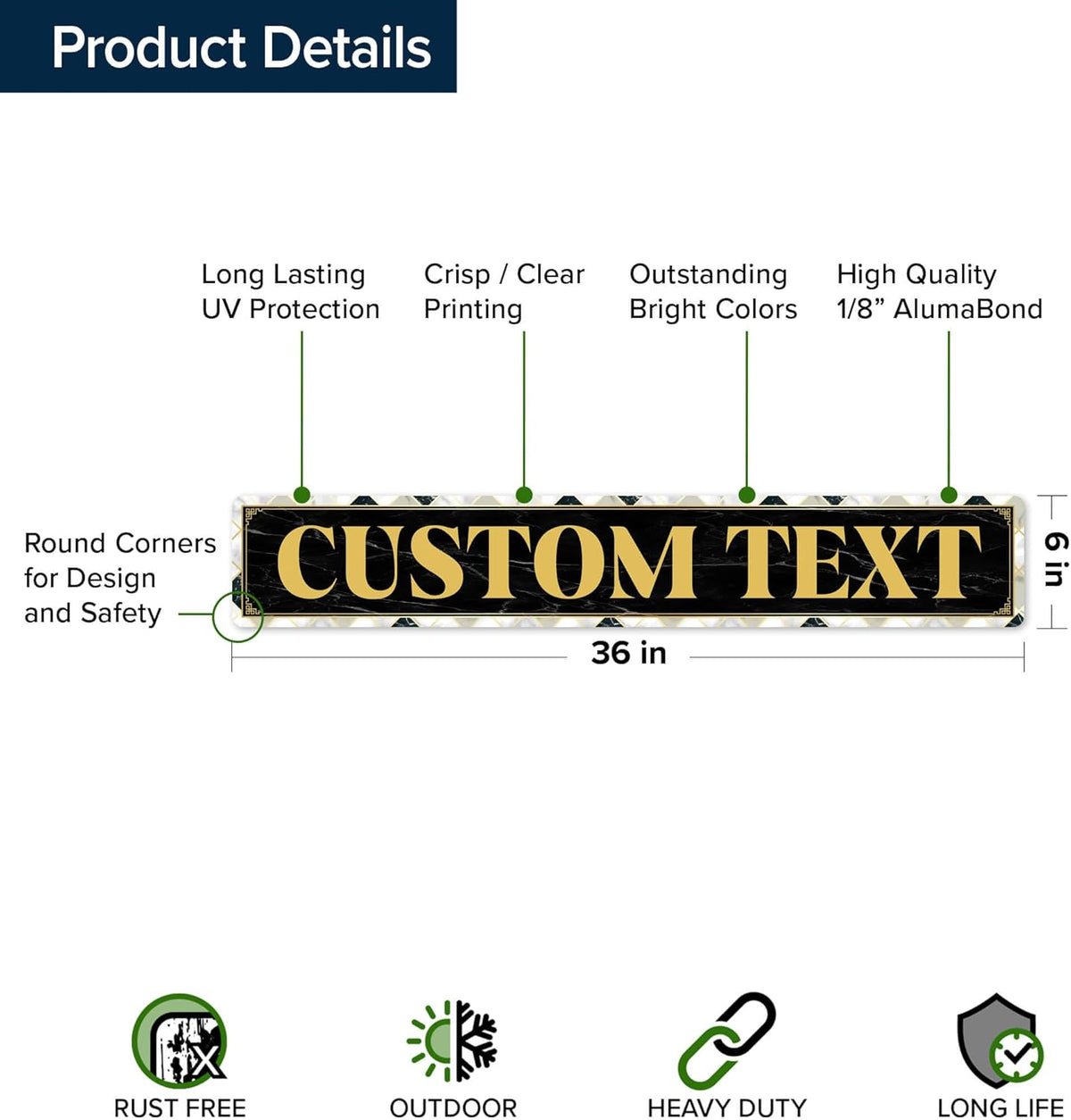 Custom Sign, Custom Street Sign, 11 Font Colors, 13 Font Styles, 4 Hole Options, 22 Sizes, 6x36